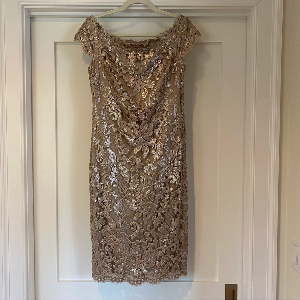 Tadashi Shoji - Champagne embroidered sequin off shoulder dress - 10